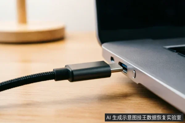 特写镜头展示一根黑色编织数据线的USB-C接口正插入银灰色笔记本电脑侧面的端口中,背景为木质桌面。画面聚焦于连接动作,表现了排查物理连接或检查设备供电时的场景。