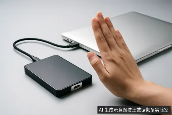 一只手掌做出停止的手势,挡在连接着笔记本电脑的黑色移动硬盘前方,示意立即断开连接或停止操作。