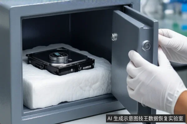 灰色保险柜门打开,内部白色泡沫垫上平放一块裸露机械硬盘。右侧一双戴白色手套的手正扶着柜门边缘,背景为模糊的实验室环境。