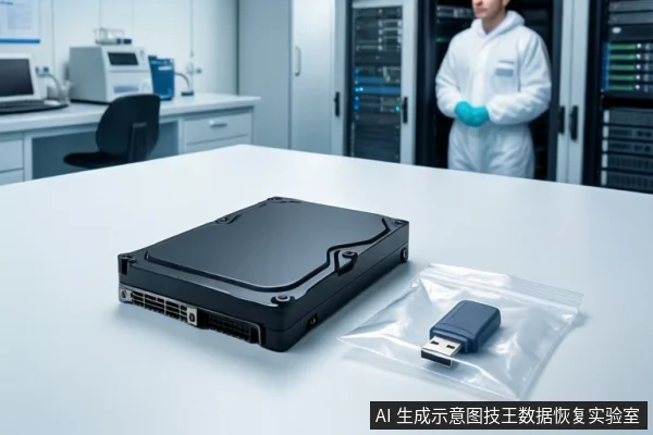白色桌面上平放一块黑色机械硬盘，右侧透明袋内装有一个USB闪存盘。背景为模糊的实验室环境，可见服务器机柜及一名身穿白色无尘服的技术人员。