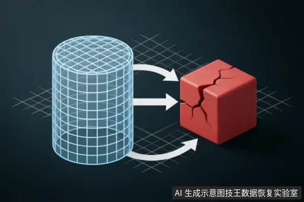 画面展示一个蓝色网格圆柱体通过白色箭头指向一个表面布满裂纹的红色立方体。圆柱体代表完好的数据源或存储结构,红色破损方块象征因物理损伤、连接故障或供电问题导致的数据损坏与读写异常状态。