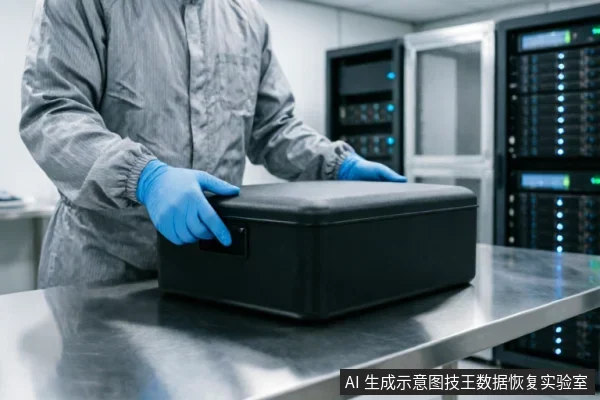 身穿灰色防静电服和蓝色手套的技术人员,在服务器机房背景下的不锈钢台面上,双手搬运一个黑色的硬质防护箱。