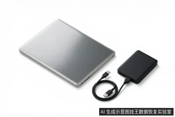 A silver laptop connected via USB cable to a black external hard drive, illustrating the concept of saving recovered data to a separate storage medium.