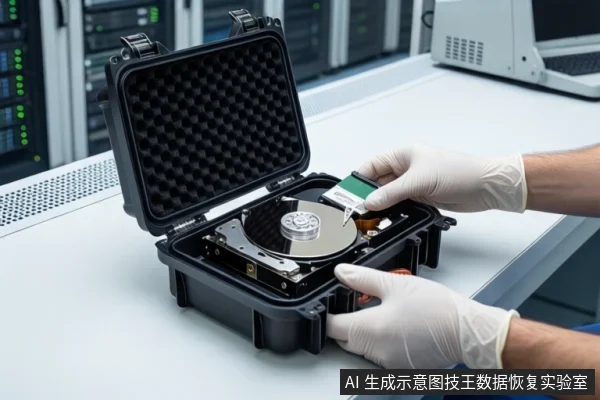 白色桌面上,一个打开的黑色防震箱内固定着一块打开外壳的机械硬盘,露出盘片与磁头组件。一双戴白色手套的手正握持一块绿色的固态硬盘模块,悬停在机械硬盘上方。背景为模糊的服务器机柜。
