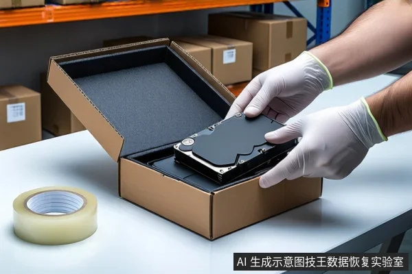 仓库环境中,白色桌面上放置一个打开的棕色纸箱,箱内为黑色防震泡沫。一双戴白色手套的手正握持一块黑色硬盘,准备放入箱内。左侧放置一卷透明胶带,背景可见货架和堆叠的纸箱。