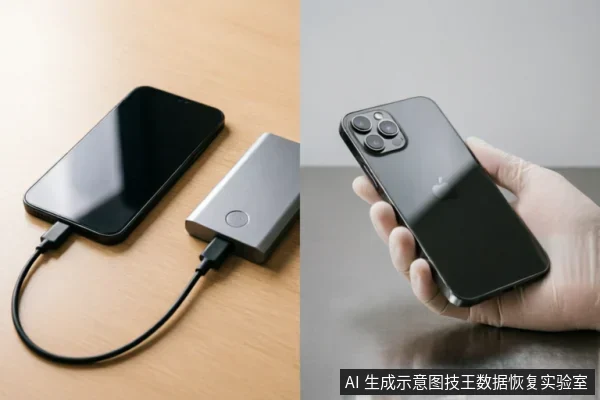 左图展示一部黑色智能手机通过数据线连接至银色移动硬盘，置于木纹桌面上；右图为一只手握持带有三摄镜头模组的黑色智能手机背面。画面呈现了手机数据备份及设备外观检查的场景。