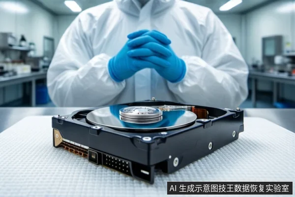 白色防静电工作台上平放一块打开外壳的机械硬盘，可见盘片、主轴和磁头臂。背景中一名穿白色无尘服、戴蓝色手套的技术人员双手交握，处于模糊的实验室环境中。