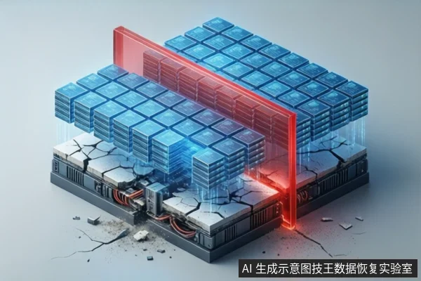 画面展示了一个抽象的存储阵列概念图。底部是带有裂纹和碎屑的电路板基座,上方悬浮着多层蓝色芯片模块。一道红色的半透明光墙垂直穿过阵列,象征数据扫描或故障隔离。