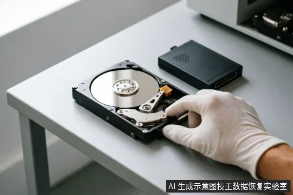 一只戴着白色防护手套的手正在接触放置在桌面上的裸露机械硬盘,旁边放有一个黑色移动硬盘盒。画面展示了在硬件故障场景下对存储介质进行物理检查或隔离的专业操作环境。