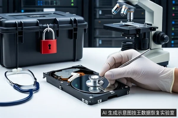 白色桌面上,一只戴白手套的手持金属探针接触打开外壳的机械硬盘盘片。左侧有听诊器,后方黑色防震箱挂红色挂锁,右侧为显微镜,背景是服务器机柜。