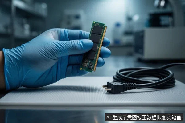 实验室环境中，一只戴着蓝色手套的手正握持一块绿色的固态硬盘（SSD）模块，桌面上平放着一根盘绕的黑色线缆，背景为模糊的实验室设备。