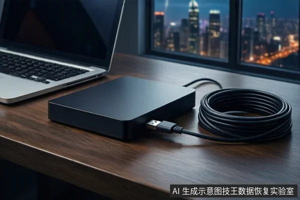 深色木桌上左侧有一台银色笔记本电脑,中间平放一个黑色外接硬盘盒,右侧盘绕着一根黑色USB线缆,一端连接硬盘盒。背景是模糊的城市夜景窗户。