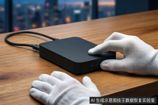木质桌面上，前景一双戴白手套的手正在按压一个黑色外接硬盘盒，硬盘盒连接着一根黑色USB数据线。背景为模糊的窗户和城市夜景。