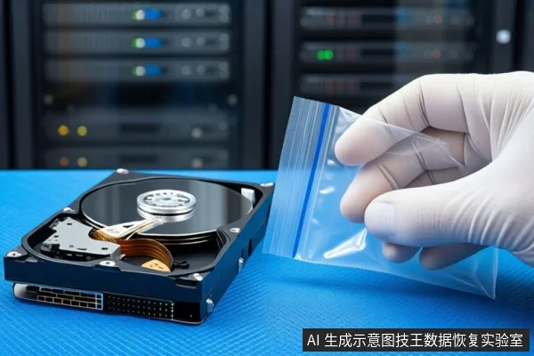 蓝色防静电垫上平放一块裸露的机械硬盘,右侧一只戴白色手套的手正握持一个空的透明自封袋,背景为模糊的服务器机柜。