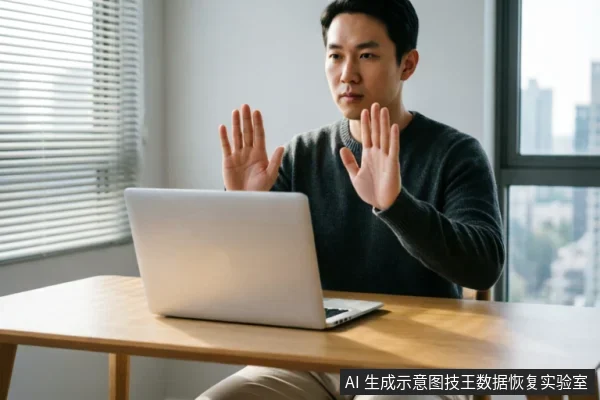 一名身穿深灰色毛衣的男子坐在木桌前，面对一台银色笔记本电脑。他神情严肃，双手举起掌心向前，做出明确的“停止”或“拒绝”手势，示意暂停操作。背景为带有百叶窗的明亮室内环境，无其他设备。