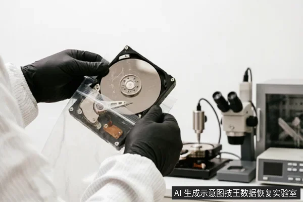 身穿白大褂、佩戴黑色防静电手套的专业人员，在洁净室环境中手持一块已拆开外壳的机械硬盘。背景可见显微镜及精密检测仪器，展示了专业数据恢复机构对存储介质进行物理评估与处理的场景。