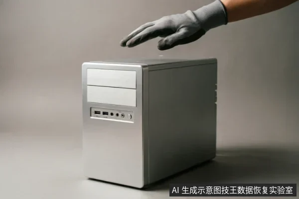一只戴着灰色防静电手套的手悬停在银灰色台式电脑机箱上方,机箱正面可见光驱位及前置USB和音频接口。画面示意在电脑硬件故障时保持静止或准备进行专业断电检查的状态。