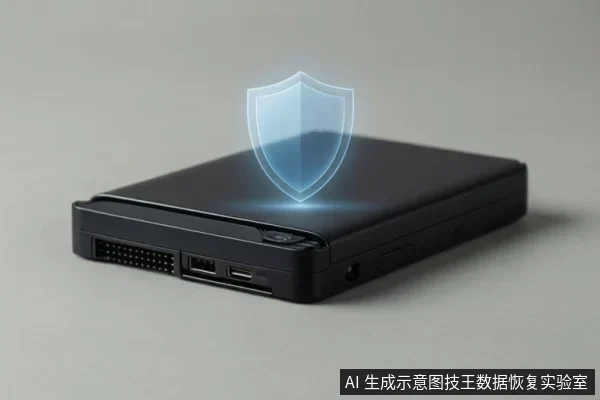 灰色背景上放置一台黑色移动硬盘，前端可见SATA接口和USB接口，上方悬浮一个发光的蓝色盾牌图标。