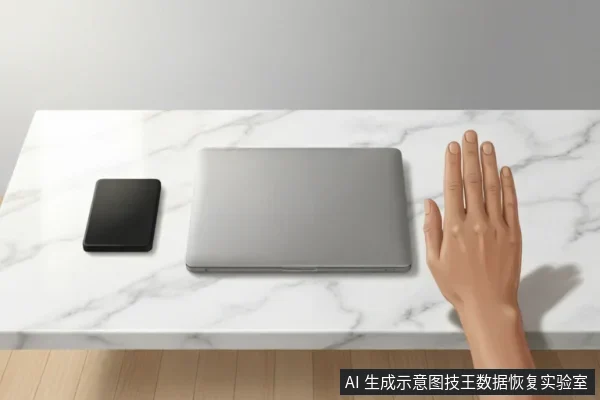 白色大理石桌面上放置着一台闭合的银色笔记本电脑和一块黑色移动硬盘。画面右侧有一只手伸向设备,示意停止操作或保持距离,直观表达了故障时立即断电止损、避免进一步写入的原则。