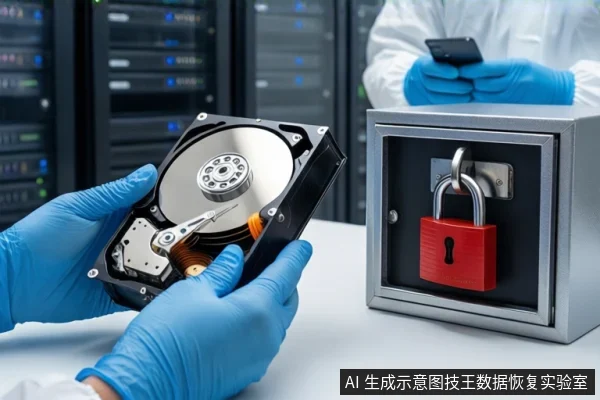 洁净室白色桌面上,戴蓝色手套的双手正持握一块打开外壳的机械硬盘,右侧为挂有红色挂锁的银色金属防震箱,背景为模糊的服务器机柜和一名穿无尘服的技术人员。