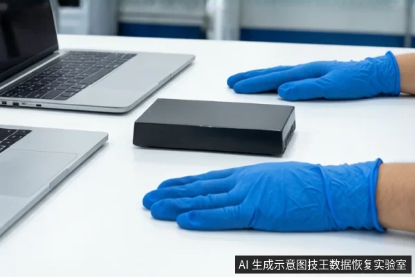 白色桌面上平放一个黑色外接硬盘盒,左侧有一台银色笔记本电脑。前景一双戴蓝色手套的手掌平放在桌面上,呈静态展示姿态。