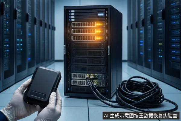 蓝色调机房内，前景一双戴白手套的手持握一个黑色矩形设备，背景中央是一台亮着橙色指示灯的黑色塔式服务器，右侧地面盘绕着一根黑色线缆。