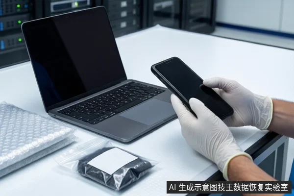 白色桌面上，左侧有一台打开的笔记本电脑，前景一双戴白手套的手持握一部黑色智能手机，旁边有气泡膜和防静电袋。背景为模糊的服务器机柜。