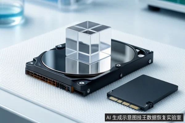 白色桌面上平放一块打开外壳的机械硬盘,上方悬浮一个透明立方体,右侧平放一块M.2固态硬盘。