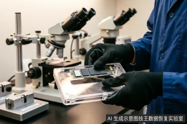 身穿蓝色工装、佩戴黑色防静电手套的技术人员，双手托举装有固态硬盘的透明防静电盒。背景为模糊的显微镜等精密检测仪器，展示了专业数据恢复实验室中对硬件进行检测或封装的场景。