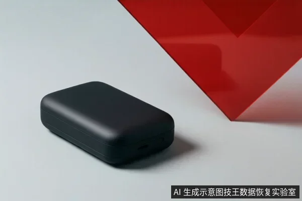 画面中有一个黑色圆角矩形存储设备外壳，放置在浅灰色平面上，右侧有红色几何背景板，设备表面无可见文字或操作动作。