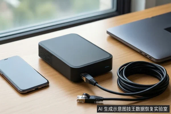木质桌面上平放一台黑色方形网络存储设备，右侧连接一根黑色以太网线，左侧有一部智能手机，右上角有一台笔记本电脑，背景为模糊的窗户。