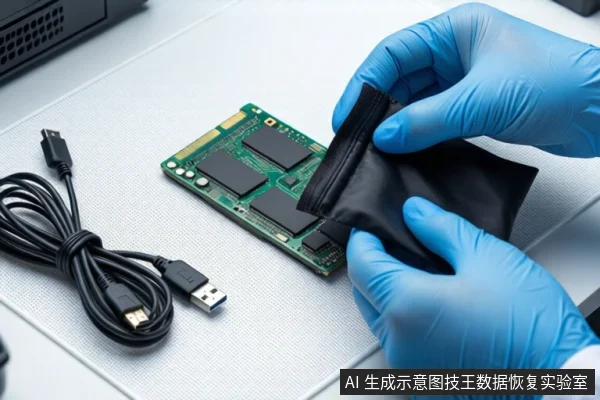 白色防静电工作台上,一双戴蓝色手套的手正将一块绿色固态硬盘电路板放入黑色防静电袋中。左侧盘绕着一根黑色USB线缆,左上角可见一台黑色设备的一角。