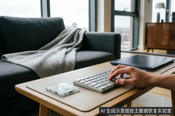 画面展示了一个居家办公场景,一只手正在木质茶几上的银色外接键盘上打字。旁边放置着一台合盖的笔记本电脑和一个透明外壳的移动硬盘,背景为深灰色沙发和落地窗。