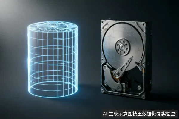 图片展示了一个发光的蓝色线框圆柱体模型,象征虚拟的磁盘镜像或数据容器,旁边放置着一个打开外壳、露出内部盘片与磁头臂的物理机械硬盘。两者并排置于深色背景中,直观呈现了物理存储介质与逻辑克隆文件之间的对应关系。