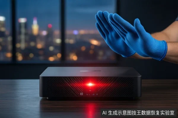 深色木桌上平放一个黑色NAS设备,正面亮着红色指示灯。右侧一只戴蓝色手套的手掌张开,做出停止手势。背景是模糊的城市夜景窗户。