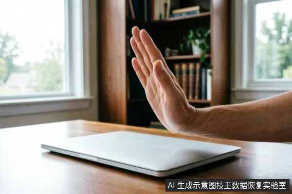 一只手掌伸出,掌心向前,对着桌面上合上的银色笔记本电脑做出明确的“停止”手势。背景为带有书架和窗户的室内环境,光线明亮。画面直观传达了拒绝通电、禁止操作或立即止损的含义。