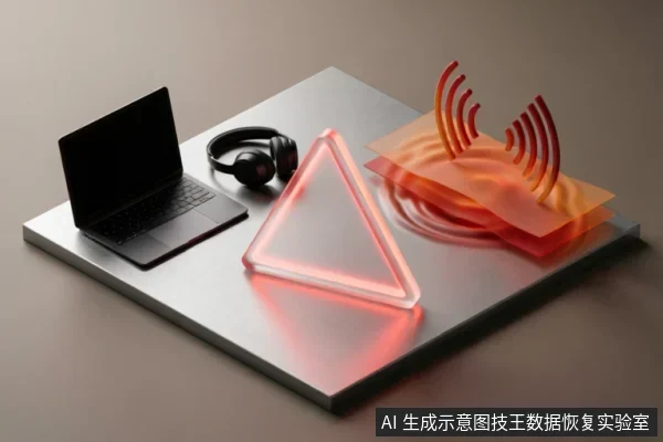 银色金属台面上放置着一台黑色笔记本电脑和一副头戴式耳机。画面中央有一个发光的红色三角形装置,右侧伴有橙红色的波纹与信号状图形,呈现出抽象的科技感视觉效果。