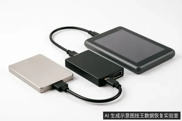 图中展示了一个银色移动硬盘通过黑色转接盒连接至平板设备。硬盘与转接盒、转接盒与屏幕之间均通过数据线相连,形成物理连接链路,直观呈现了外部存储设备的数据读取或镜像备份场景。