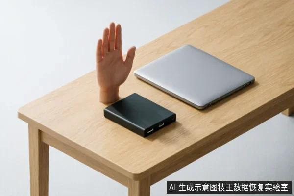 浅色木纹桌面上放置着一台闭合的银色笔记本电脑和一个黑色移动硬盘。在移动硬盘旁竖立着一只断开的假人手模型,手掌张开做出“停止”的手势,直观地示意在数据故障时应立即阻断操作、禁止继续写入或扫描。