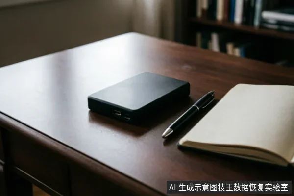 深色木质桌面上放置着一个黑色的移动硬盘,旁边有一支黑色签字笔和一本翻开的空白笔记本。背景模糊可见书架,整体呈现出安静、整洁的办公或记录环境,无屏幕显示或文字内容。