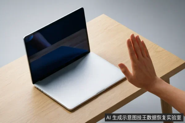 一只手掌在银色笔记本电脑旁做出停止手势,示意切断电源或禁止操作。电脑放置在木质桌面上,屏幕处于黑屏状态,直观表达设备故障时应立即断电保护、避免进一步通电的风险提示。