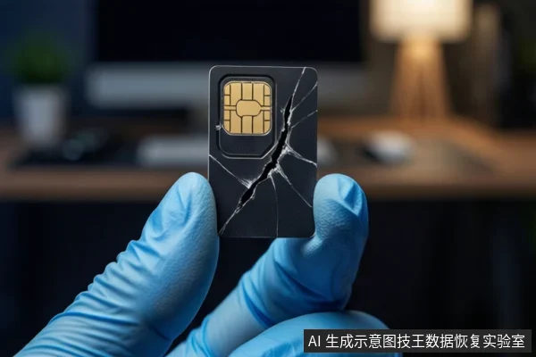一双戴蓝色手套的手在深色办公桌前捏住一张黑色SIM卡，卡面中央有金色触点，右侧至底部有一道明显裂纹；背景虚化，可见台灯、显示器和桌面。