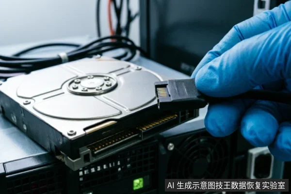 一只戴着蓝色防静电手套的手正将SATA数据线连接至裸露的机械硬盘接口。背景可见服务器机箱及线缆,展示了专业数据恢复环境中对硬件连接进行物理检查与评估的操作场景。