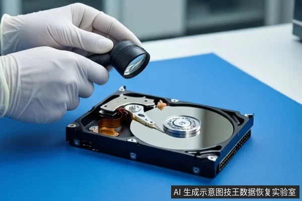 蓝色防静电垫上平放一块打开外壳的机械硬盘,露出盘片与磁头组件。一双戴白色手套的手正握持一个黑色放大镜,对准硬盘上方进行观察。背景为模糊的办公环境。