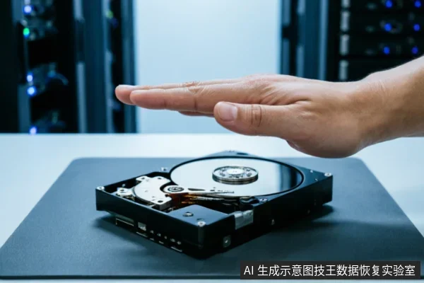 一只手掌悬停在打开外壳的机械硬盘上方，做出停止或保护的手势。背景为模糊的服务器机房环境，突显对存储介质的物理防护与数据安全的概念。