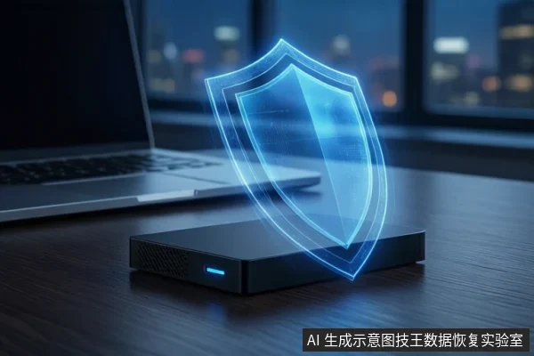 深色木桌上平放一个黑色外接硬盘盒,正面亮着蓝色指示灯。上方悬浮一个发光的蓝色盾牌全息图标。左侧有一台银色笔记本电脑,背景是模糊的城市夜景。