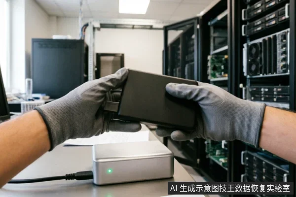 戴着灰色防静电手套的双手正拿持一块黑色移动硬盘,桌面上放置着一个亮着绿灯的银色数据恢复写保护设备,背景为服务器机柜环境。