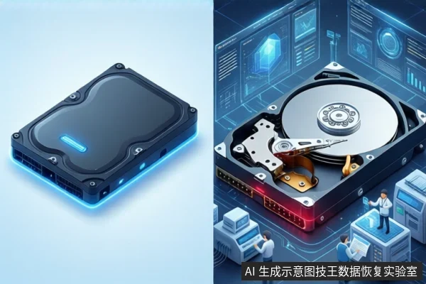 左右分屏示意图:左侧浅蓝背景上平放一个黑色外接硬盘盒,边缘有蓝色光效;右侧深色科技背景中平放一块打开外壳的机械硬盘,可见盘片与磁头臂,周围有蓝色全息界面和几个操作电脑的人物。