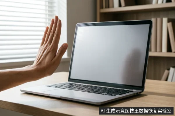 一只手掌在笔记本电脑前做出明确的停止手势,示意拒绝操作。电脑放置在木质桌面上,屏幕呈空白状态,背景有书架和百叶窗。画面直观传达了在电脑故障时立即停止尝试、切断电源或避免进一步操作的紧急制动概念。