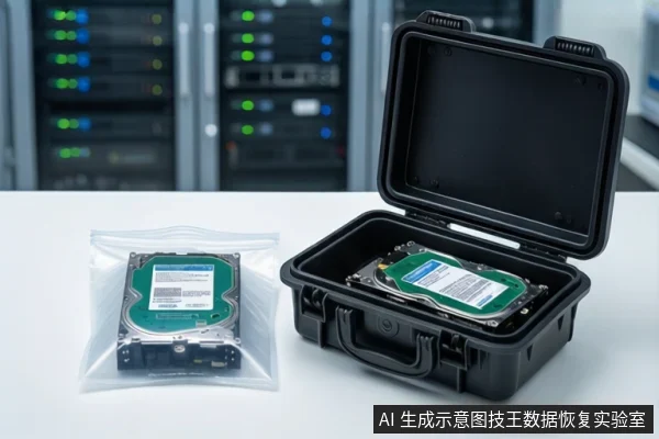 白色桌面上,左侧透明防静电袋内装有一块机械硬盘,右侧打开的黑色防震箱内放置另一块机械硬盘,背景为模糊的服务器机柜。